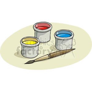 Clipart image of three paint containers with red, yellow, and blue paint along with a paintbrush, representing art class supplies.