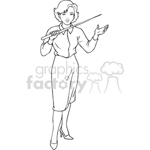 Outline clipart image of a female teacher holding a pointer, appearing professional and determined, suitable for back-to-school themes.