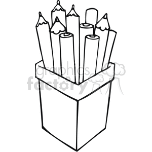 Outline clipart of a box filled with sharpened and unsharpened pencils, representing school supplies.