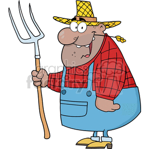 A humorous cartoon farmer character holding a pitchfork, wearing a straw hat, plaid shirt, and overalls.