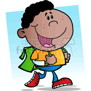   The clipart image depicts a cheerful animated boy walking confidently with a green backpack slung over one shoulder. He has a big, open-mouth smile, curly black hair, and is holding what appears to be a yellow book or folder in front of him. He