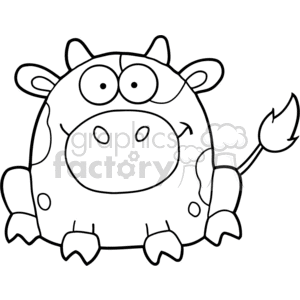 The image is a simple black and white clipart of a cartoon cow standing upright with a comically exaggerated expression. It is characterized by its oversized head, big eyes, stubby limbs, and a tail ending in a typical arrow shape. The cow is portrayed in a funny manner, likely to appeal to children or for use in humorous content.