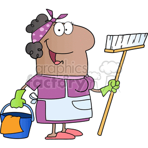 Funny Cartoon Cleaning Lady with Broom and Bucket