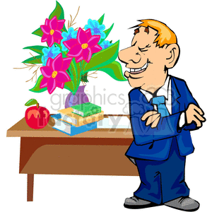 Cartoon image of a happy male teacher standing next to a desk with books, an apple, and a vase of flowers in a classroom setting.