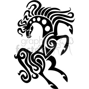 A stylized black and white clipart image of a rearing horse with tribal patterns and swirls, featuring large circular spots on its body.