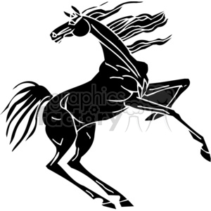 A black and white clipart illustration of a rearing horse with flowing mane and tail, created in a stylized, vector graphic style.