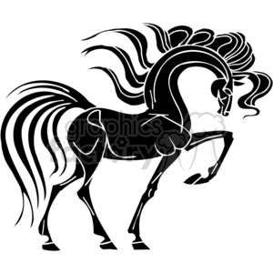 A stylized black and white clipart image of a horse rearing, with flowing mane and tail.
