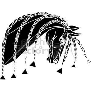 Black and white clipart image of a horse's head with braided mane and abstract triangular shapes