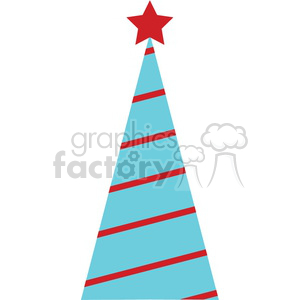 Minimalist Christmas tree with red stripes and a star on top, stylized in blue and red.