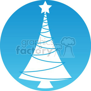 A minimalist Christmas tree icon with a star topper, set against a blue gradient circle background.