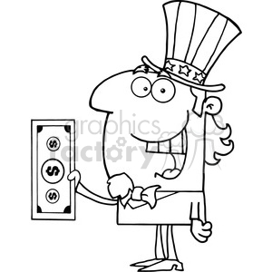 A black and white clipart image of a cartoon character wearing a tall hat with stars, holding a large dollar bill. The character is likely representative of Uncle Sam, often used in references to American finance or government.