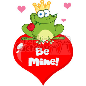   The clipart image shows a cartoon depiction of a frog prince sitting on top of a red heart. The frog is wearing a crown and has a smile on his face, with a rose through the mouth. The image may be associated with the fairy tale 
