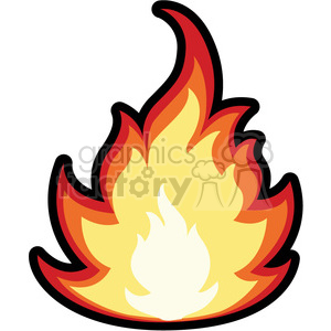 A clipart image of a stylized flame with yellow, orange, and red colors and a black outline.