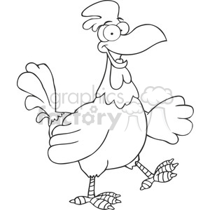 The image is a line drawing of a cartoon chicken portrayed in a humorous or exaggerated style. The chicken has large, expressive eyes, and its posture and facial expression give it a comical appearance.