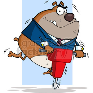   The clipart image shows a comical depiction of a brown dog dressed as a construction worker, wearing a blue suit with a tie and using a red jackhammer. The dog