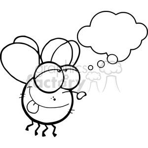 The image shows a black and white line-art illustration of a comical fly with a thoughtful expression and a thought bubble above its head. The thought bubble is blank, allowing for customization or imagination of what the fly might be thinking about. The fly has large eyes, exaggerated facial features, and wings, which contribute to the humorous nature of the clipart.