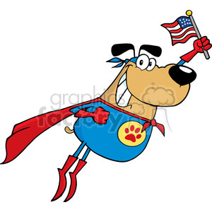 The clipart image shows a comical cartoon dog dressed as a superhero. The dog has on a blue suit with a yellow paw print emblem on the chest and a red cape. It's wearing boots and gloves matching in red, a small mask covering the area around the eyes, and a headband with a bow tied at the back. The dog is flying and holds a small American flag in one hand.