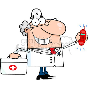 A funny cartoon doctor holding a phone and medical bag, wearing a white coat and stethoscope.