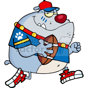   The clipart image features a comically drawn anthropomorphic dog dressed as a football player. The dog has a sly expression, wearing a blue football jersey with paw prints on it and a red and gold sash across the chest. The dog also has a red cap worn backwards, one yellow eye, and a red nose. It holds a brown football in one hand (paw) while the other hand (paw) is extended. Its tongue is sticking out slightly and it