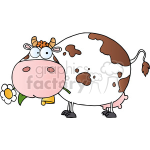   The image shows a cartoon depiction of a cow with various humorous features. The cow is portrayed with a large, exaggerated body with spots, big, wide-set eyes giving it a goofy appeal, and a daisy flower in its mouth. The cow