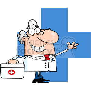 A comical cartoon doctor character with glasses and a first aid kit, smiling and waving.