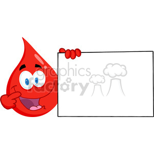 A comical blood drop cartoon character holding a blank sign, smiling enthusiastically.