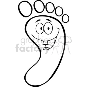 Black and white clipart of a comical smiling foot with eyes and a big grin.