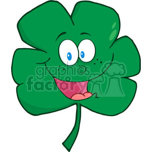   The image shows a comical drawing of a green four-leaf clover with a face. The clover has large, expressive eyes, a smiling mouth with a tongue sticking out, and a little cheek blush. The illustration portrays a fun, anthropomorphic version of a clover leaf, typically associated with St. Patrick
