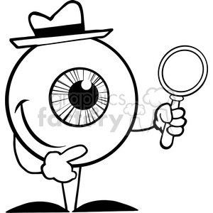   The clipart image shows a whimsical and comical character that appears to be a large, anthropomorphic eye. The eye character is wearing a fedora hat and standing upright on two legs. It is holding a magnifying glass in one 