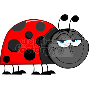 A cartoon image of a ladybug with a red shell adorned with black spots. The ladybug has an expressive face, large eyes with blue irises, and antennae on top of its head.