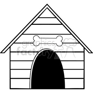 This is a black and white clipart image of a stylized doghouse. The doghouse features horizontal stripes along its walls, a triangular roof, and a large bone illustrated above the entrance, giving the image a humorous and whimsical feel.
