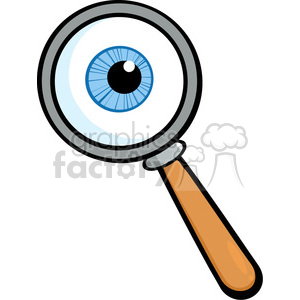 The clipart image depicts a large eyeball being magnified by a magnifying glass. The eyeball is very detailed and appears to be centrally located within the circular frame of the magnifying glass. The handle of the magnifying glass is brown and seems to be wooden.