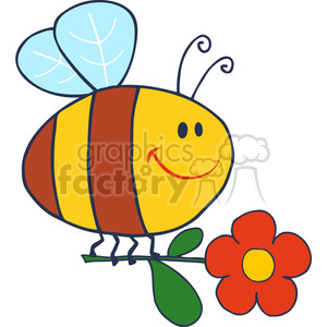 A cute and colorful cartoon bee with blue wings, brown stripes, a smiley face, and antennae holding a red flower with yellow center and green leaves