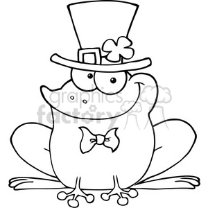  This clipart image depicts a comically drawn frog with human-like features. The frog is wearing a tall top hat adorned with a shamrock, commonly associated with Irish culture and St. Patrick