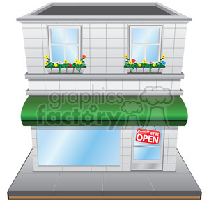 This clipart image depicts a two-story vintage-style storefront. The building is designed with a neutral color palette, featuring grey siding and white trim around the windows and edges. The first floor showcases a large shop window with a blue reflection, indicating glass, and a red and white Come in WE'RE OPEN sign hanging in the door. A green awning extends over the storefront, providing shade and shelter. Above, on the second story, there are two windows adorned with flower boxes containing colorful blooms. The whole building structure sits on a simple grey sidewalk and a darker grey road or pathway is visible in the foreground.