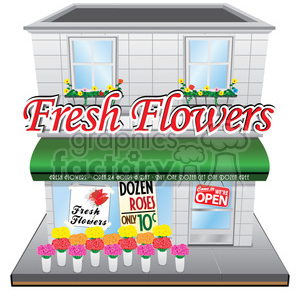 In this clipart image, there is a vintage-style storefront with a grey facade and a green awning. The awning has the words Fresh Flowers - Open 24 hours a day - Buy one dozen get one dozen free. There is a large Fresh Flowers sign with decorative text above the awning. Below the awning, the store's window displays advertisements such as Dozen Roses only 10$ and Come in we're OPEN. The store has a display of colorful flowers in buckets in front of the window, flower boxes with blooming flowers on the windowsill, and a step leading to the entrance.