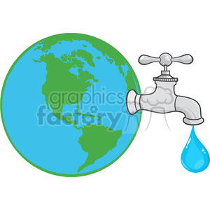 12882 RF Clipart Illustration Earth Globe With Water Faucet And Drop