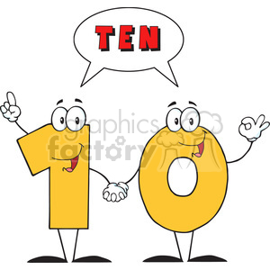 A cheerful cartoon illustration of the number 10, featuring the digits 1 and 0 as characters, holding hands and smiling. The number 10 is depicted in bright yellow with facial features. Above them is a speech bubble with the word 'TEN' in bold red letters.