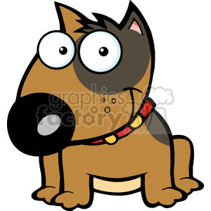 This is a clipart image of a cartoonish brown puppy with big eyes, a black spot around one eye, and a red collar with yellow accents.