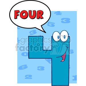 A humorous clipart character of the number four in blue with eyes and a smile, expressing the word 'FOUR' in a speech bubble against a background of various numbers.