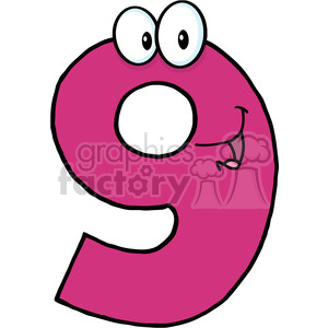 A pink cartoon character shaped like the number nine, featuring a happy expression with large eyes and a smiling mouth.