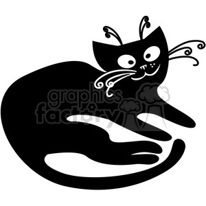 The clipart image is a stylized illustration of a black cat. The cat's outline is bold and filled in with solid black color. It features whimsical, decorative elements like swirls for whiskers and tufts on the ears. The cat is seated with its tail wrapped around the body, and it has large, round eyes that stand out in the design.