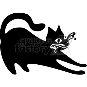 The image is a black and white clipart of a stylized black cat. It features the silhouette of a feline with distinct white accents for its eyes, whiskers, and portions of its fur. The cat's tail is curved in an elegant arch, and its posture suggests a playful or curious attitude. The clipart is simple, using bold contrast to highlight the animal's features.