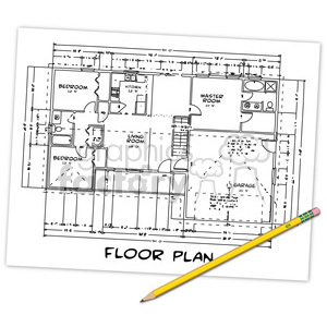 Clipart image of a detailed floor plan for a house, showing labeled rooms such as bedrooms, kitchen, living room, master room, and garage, with a yellow pencil placed at the bottom right.