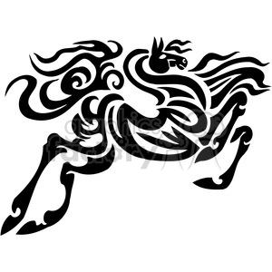 This clipart image features a stylized, tribal-like black and white illustration of a horse in motion. The design is fluid and abstract, incorporating swirling lines and shapes to depict the horse's mane and body.