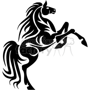 A black and white clipart image of a stylized rearing horse with flowing mane and tail.