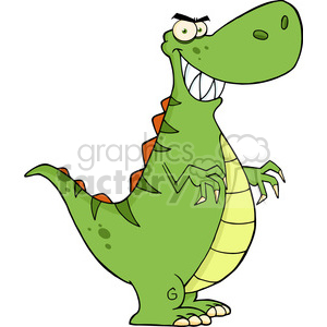   The image depicts a comical, cartoon-style dinosaur. The dinosaur is green with a lighter green underbelly and a row of orange mohawk-like spikes along its back. It has large white teeth, two short arms with three claws each, and a pair of legs with three toes each. The dinosaur