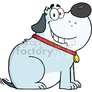   The clipart image features a cartoon dog with a comical and happy expression. The dog has a large, round body with a plump belly, a big smile on its face showcasing its white teeth, raised eyebrows implying a cheerful demeanor, a large round black nose, and it
