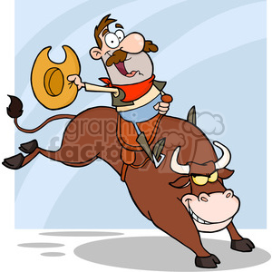   This clipart image depicts a humorous scene featuring a comical cowboy riding a bull. The cowboy appears to be in mid-ride, holding his hat in one hand while gripping a strap with the other. He is wearing a red bandana, a typical Western attire with boots and spurs, and sports a mustache. The bull underneath him has a playful expression, with one eyebrow suggestively raised and a smirk, suggesting that it