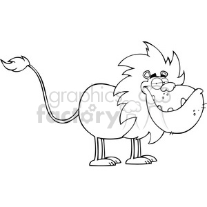   The clipart image features a cartoon representation of a lion. This lion appears comical with a humorous expression; it has a large, bushy mane, round body, a long tail with a tuft at the end. The lion